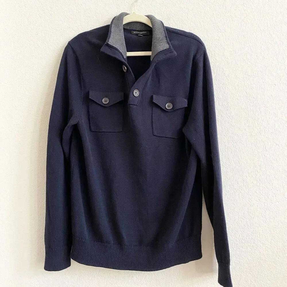 Banana Republic Sweater Men's Medium Navy Blue Button Collar‎ 100% Cotton
